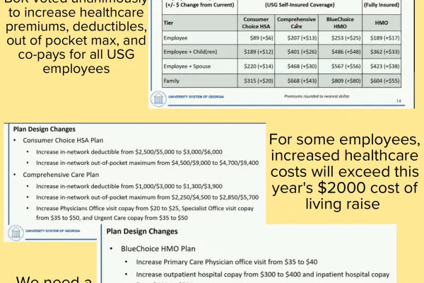 Flyer showing the increase in healthcare costs for USG emloyees