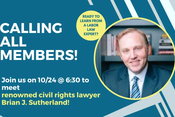 Picture of Brian J. Sutherland, a civil rights lawyer, next to an invitation to a special legislative committee meeting on 10/24, 6:30 pm